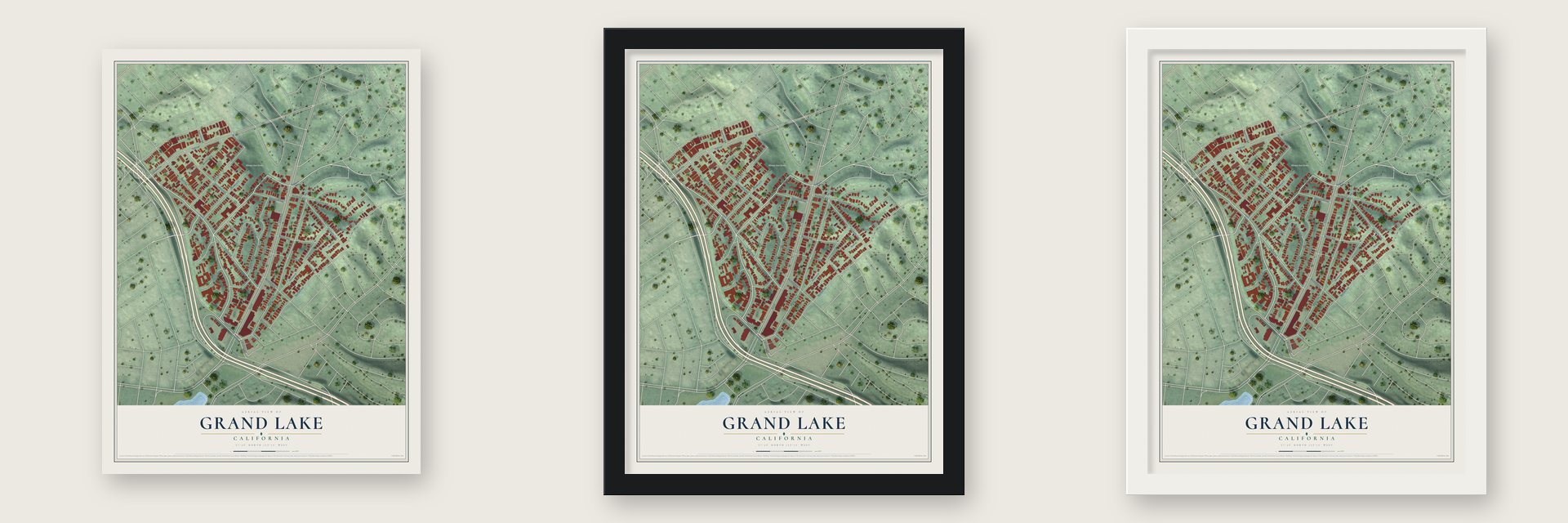 Grand Lake, California map unframed, in a black wood frame and in a white wood frame