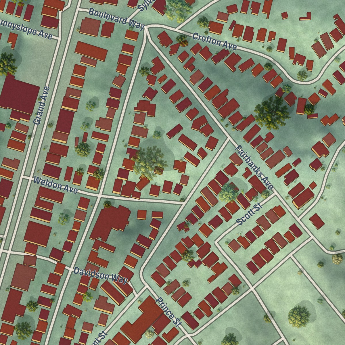 Second close-up of the map of Grand Lake, California print showing more streets and buildings