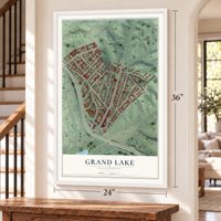 Grand Lake, California map, 24 x 36 inch print in a white frame by a staircase