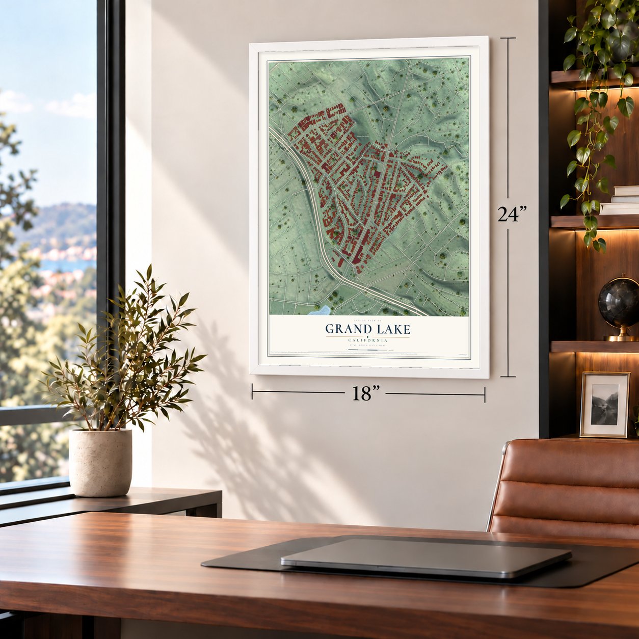 Grand Lake, California map, 18 x 24 inch print in a white frame in a home office