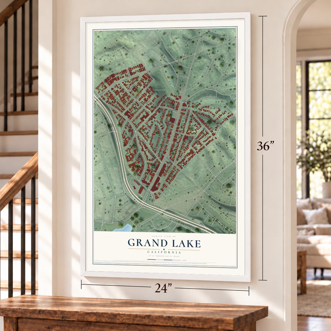 Grand Lake, California map, 24 x 36 inch print in a white frame by a staircase