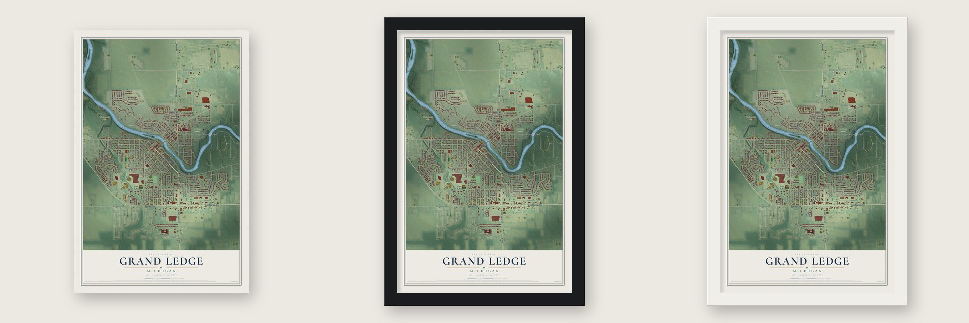 Grand Ledge, Michigan map unframed, in a black wood frame and in a white wood frame