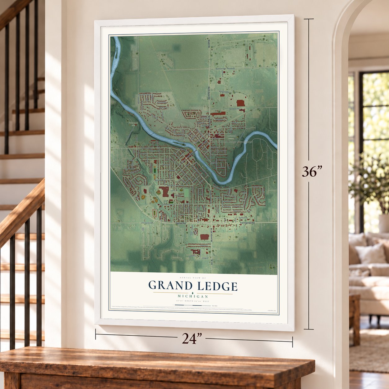 Grand Ledge, Michigan map, 24 x 36 inch print in a white frame by a staircase