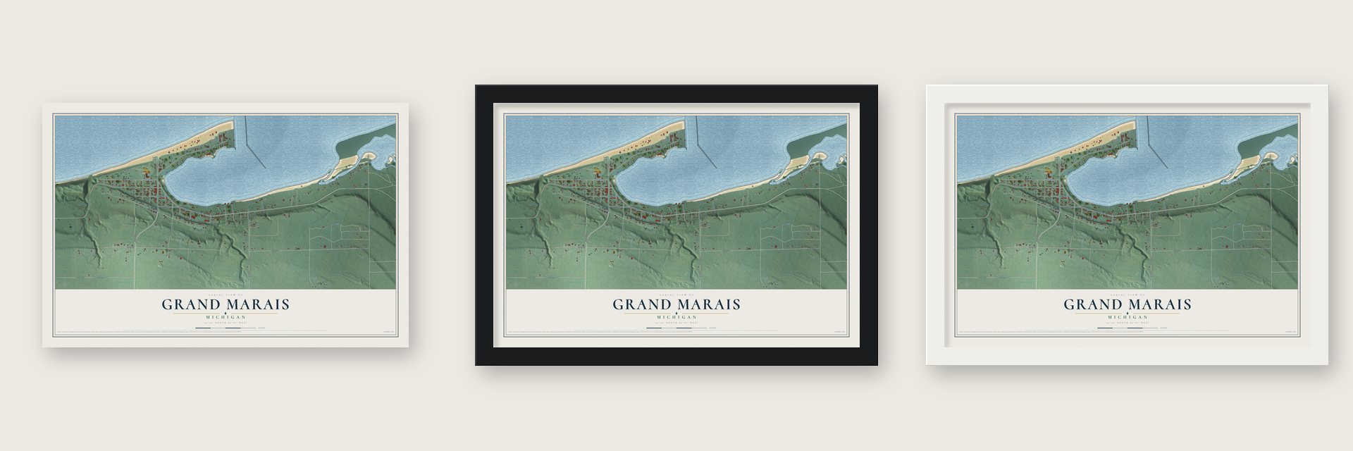 Grand Marais, Michigan map unframed, in a black wood frame and in a white wood frame