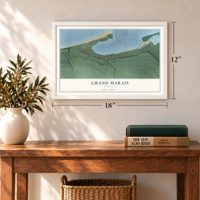 Grand Marais, Michigan map, 12 x 18 inch print in a white frame in an entryway