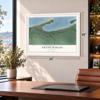 Grand Marais, Michigan map, 18 x 24 inch print in a white frame in a home office