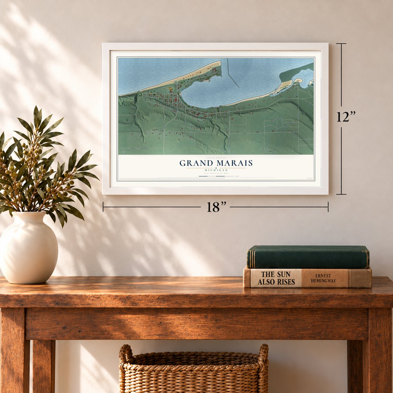 Grand Marais, Michigan map, 12 x 18 inch print in a white frame in an entryway