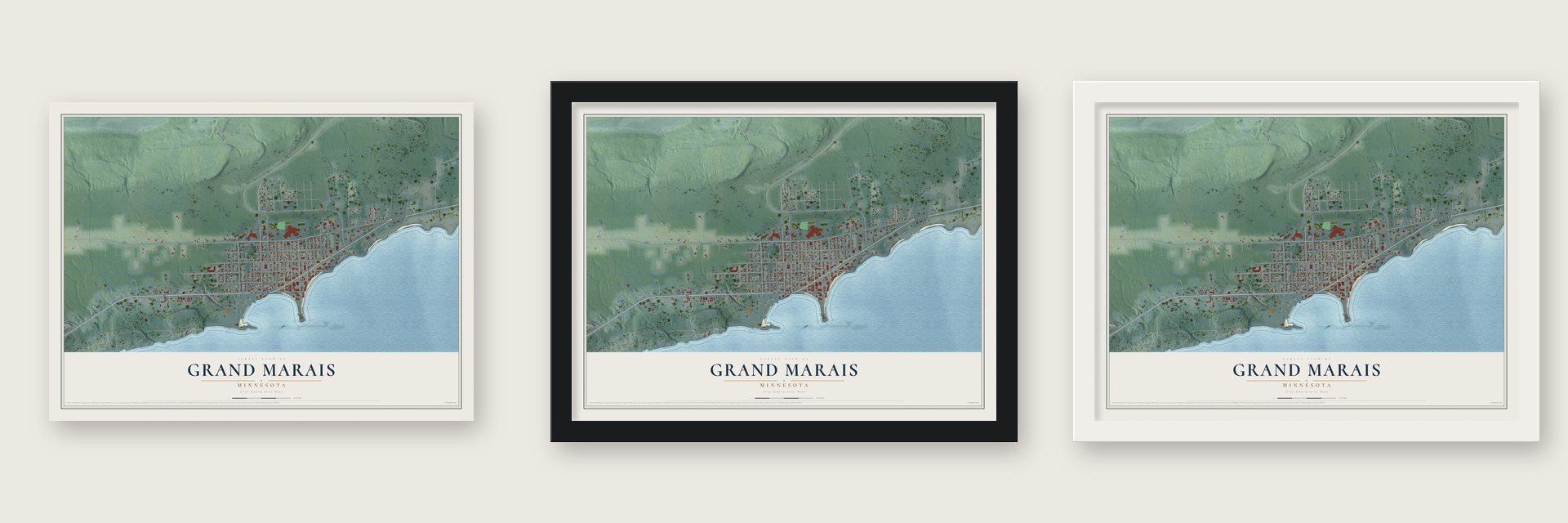 Grand Marais, Minnesota map unframed, in a black wood frame and in a white wood frame
