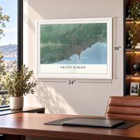 Grand Marais, Minnesota map, 18 x 24 inch print in a white frame in a home office