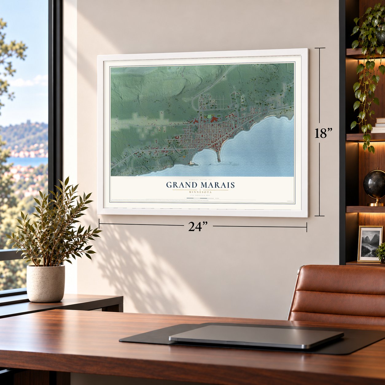 Grand Marais, Minnesota map, 18 x 24 inch print in a white frame in a home office