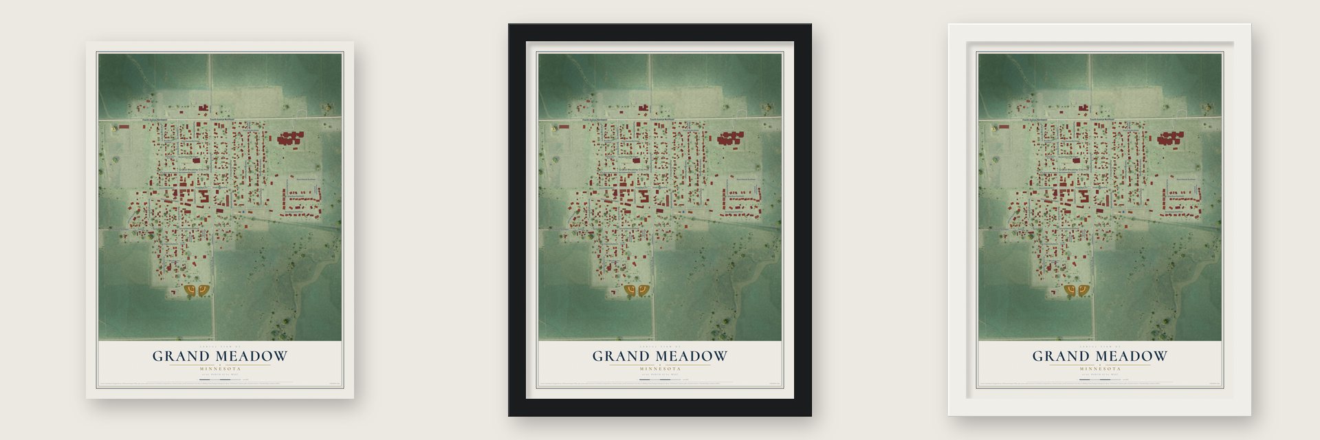 Grand Meadow, Minnesota map unframed, in a black wood frame and in a white wood frame