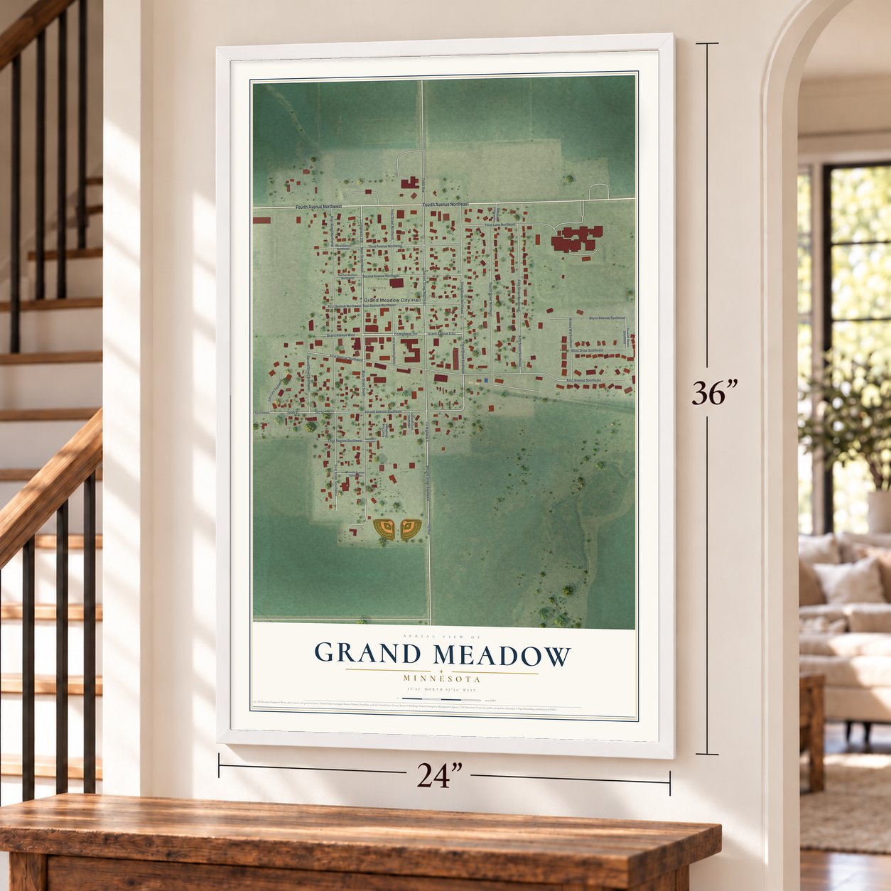 Grand Meadow, Minnesota map, 24 x 36 inch print in a white frame by a staircase