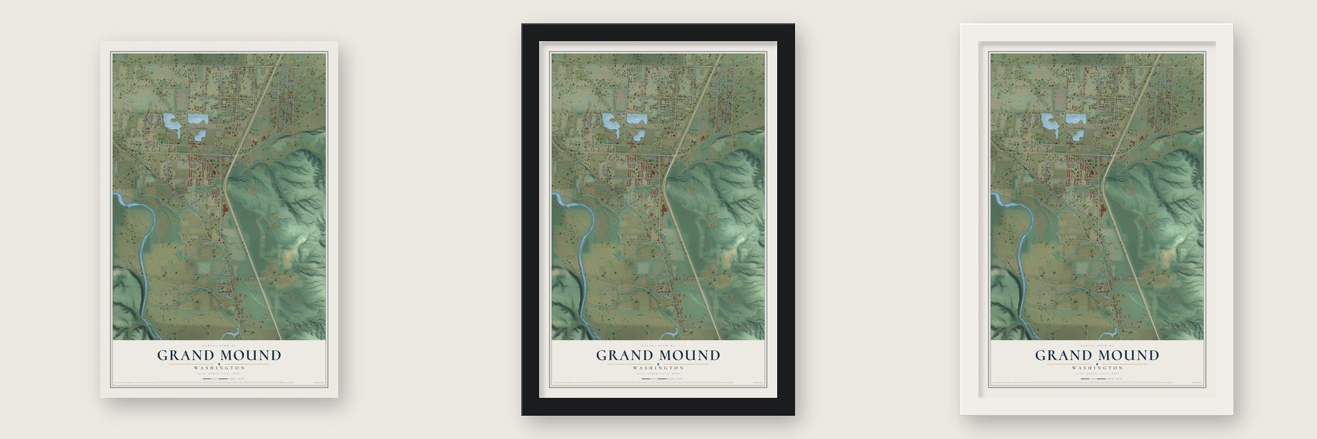 Grand Mound, Washington map unframed, in a black wood frame and in a white wood frame