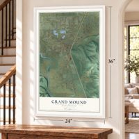Grand Mound, Washington map, 24 x 36 inch print in a white frame by a staircase
