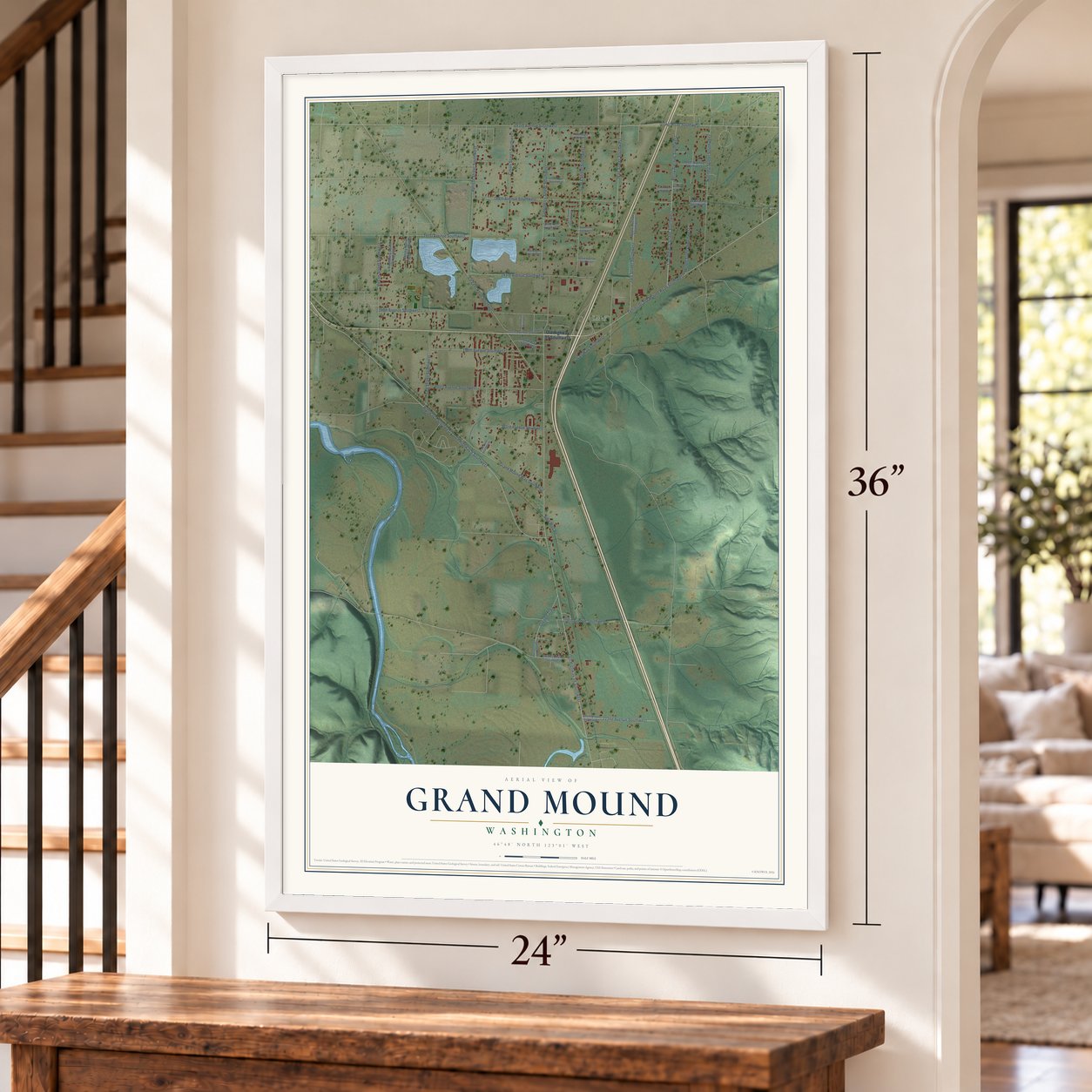 Grand Mound, Washington map, 24 x 36 inch print in a white frame by a staircase