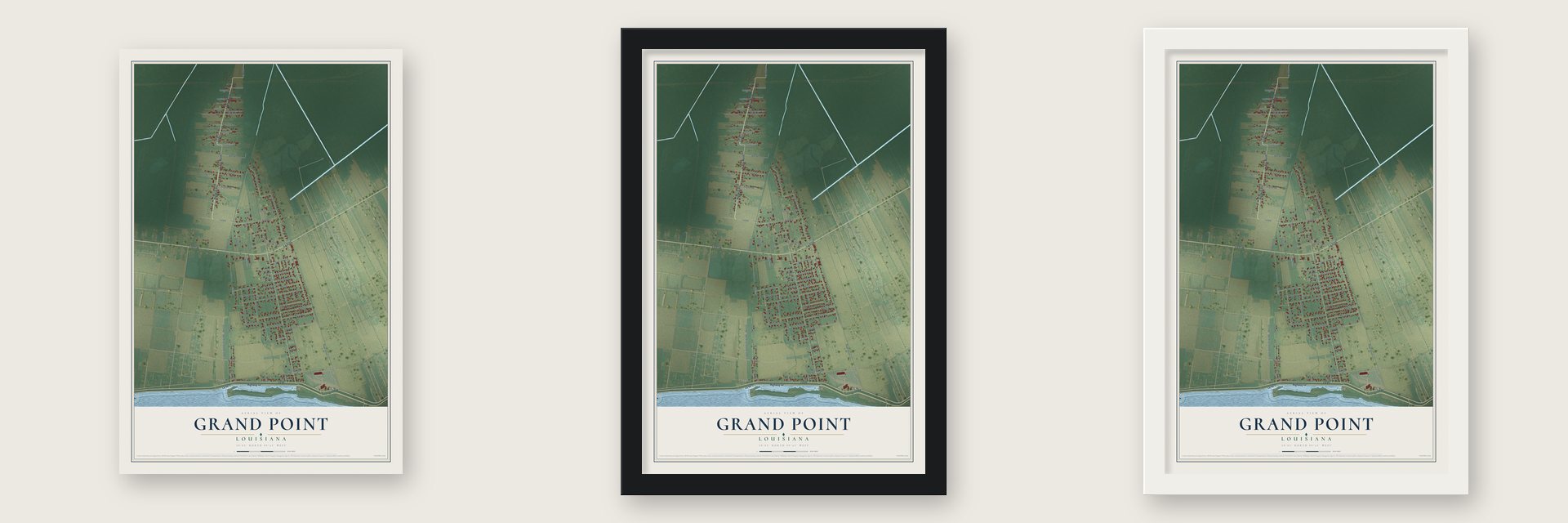 Grand Point, Louisiana map unframed, in a black wood frame and in a white wood frame
