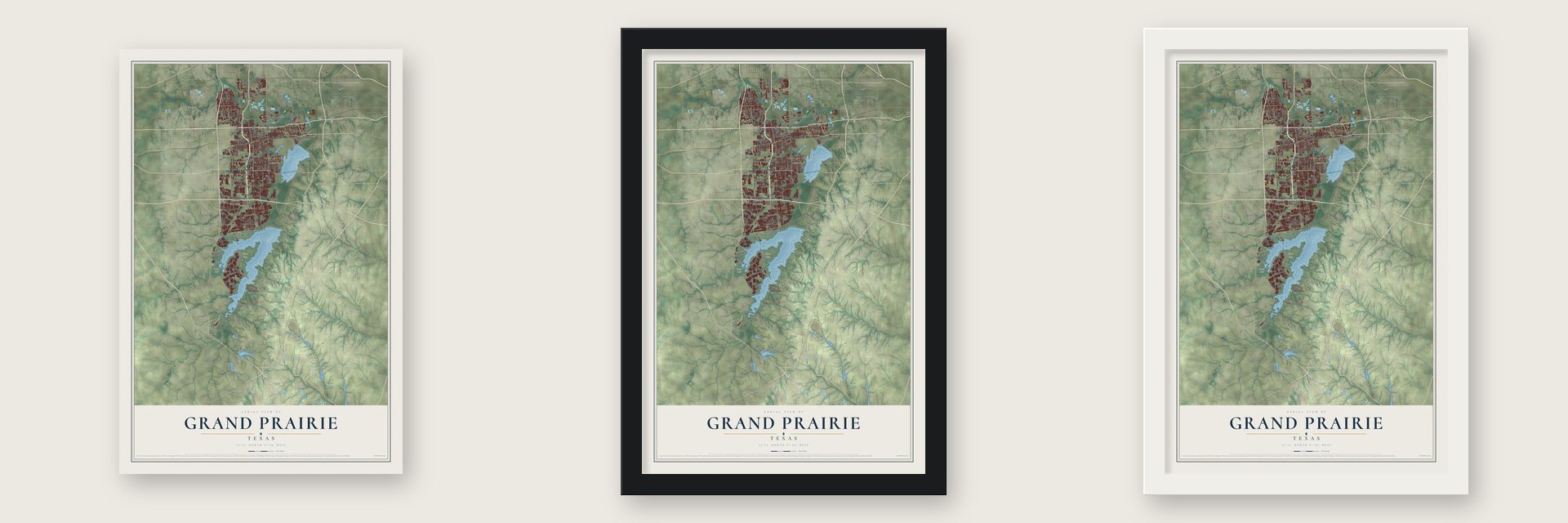 Grand Prairie, Texas map unframed, in a black wood frame and in a white wood frame