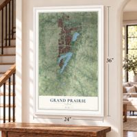 Grand Prairie, Texas map, 24 x 36 inch print in a white frame by a staircase