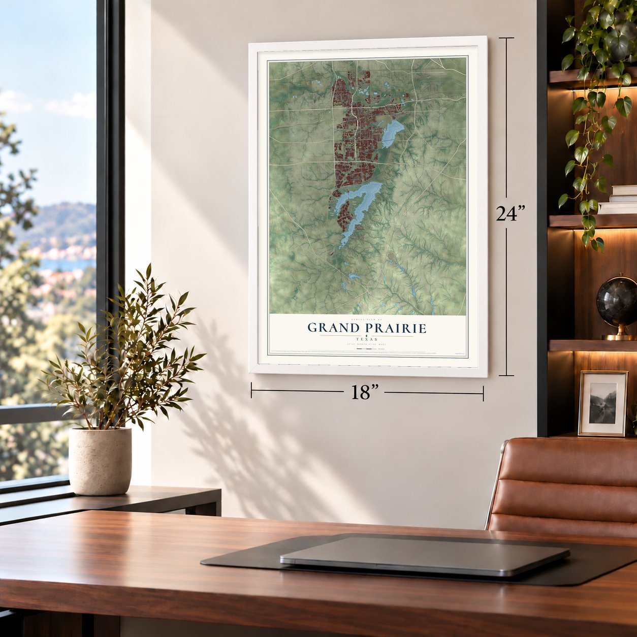 Grand Prairie, Texas map, 18 x 24 inch print in a white frame in a home office