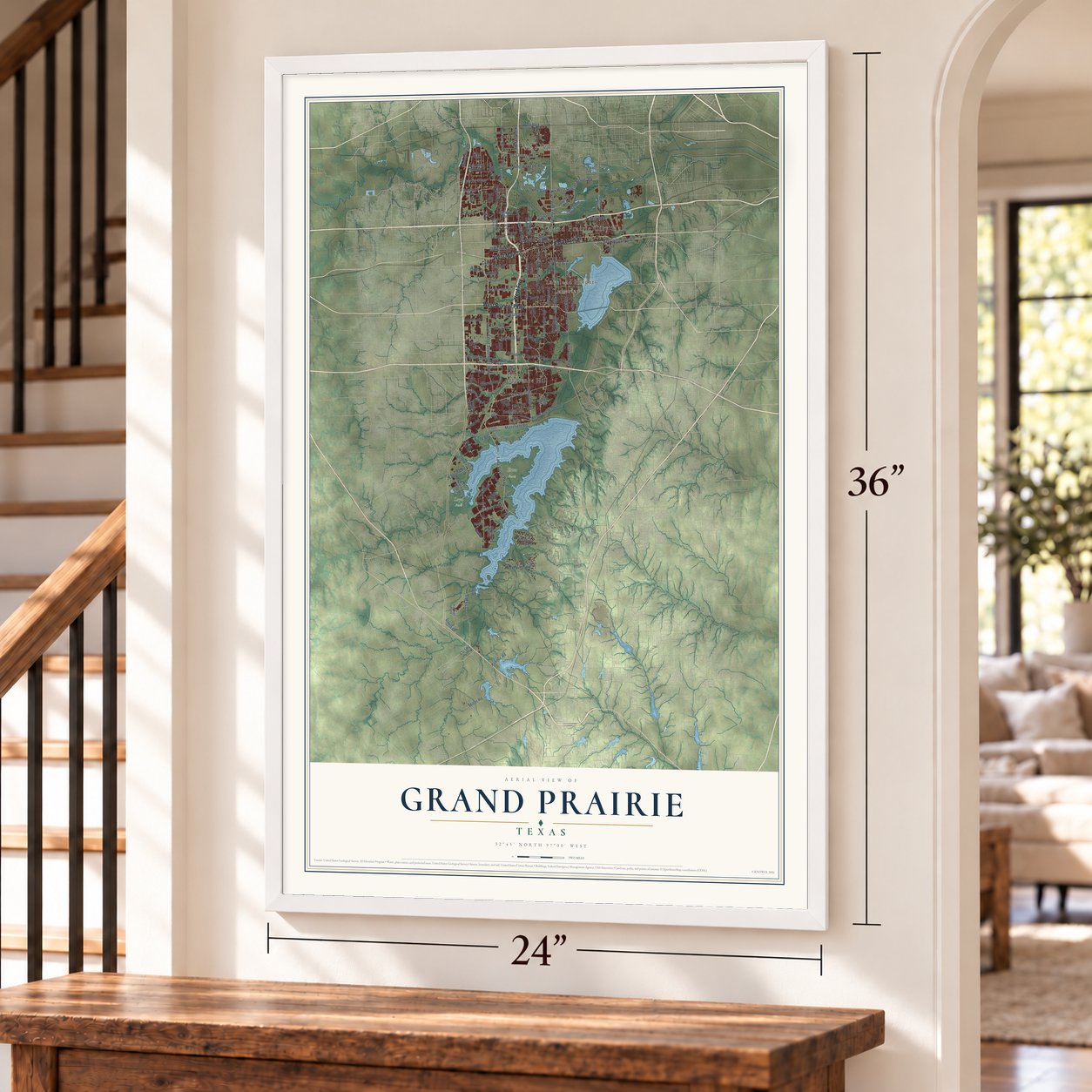 Grand Prairie, Texas map, 24 x 36 inch print in a white frame by a staircase