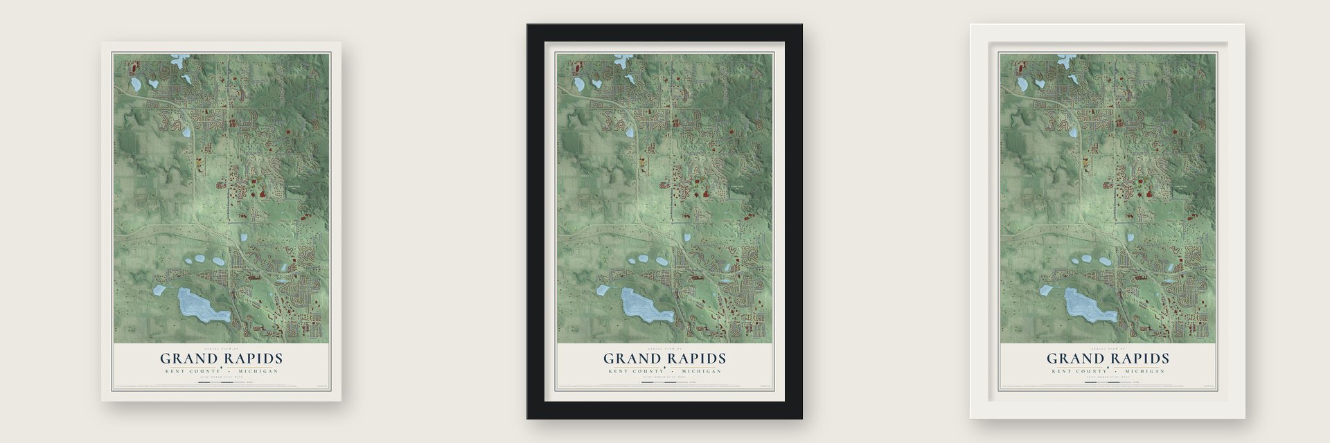 Grand Rapids, Kent County, Michigan map unframed, in a black wood frame and in a white wood frame