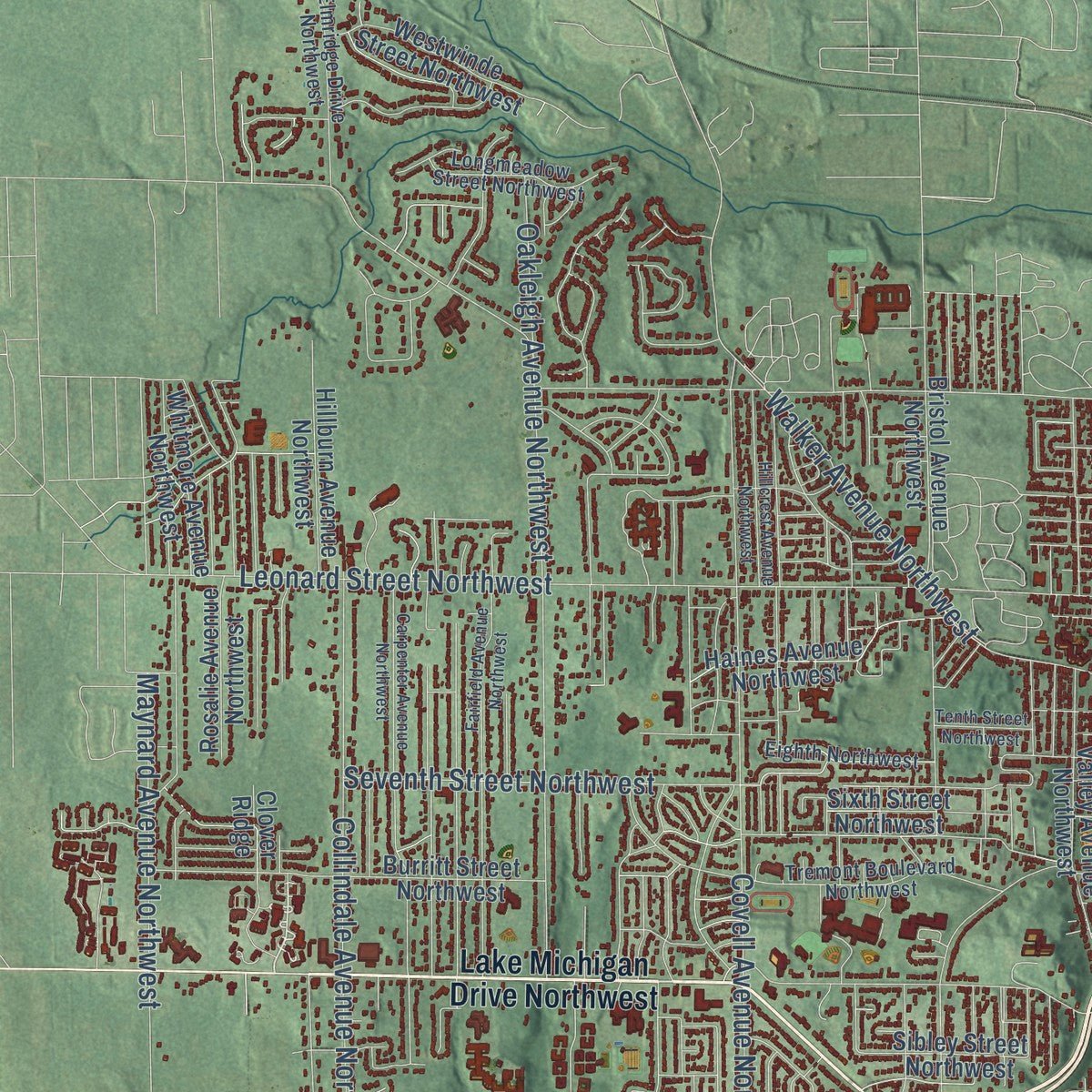 Second close-up of the map of Grand Rapids, Michigan print showing more streets and buildings