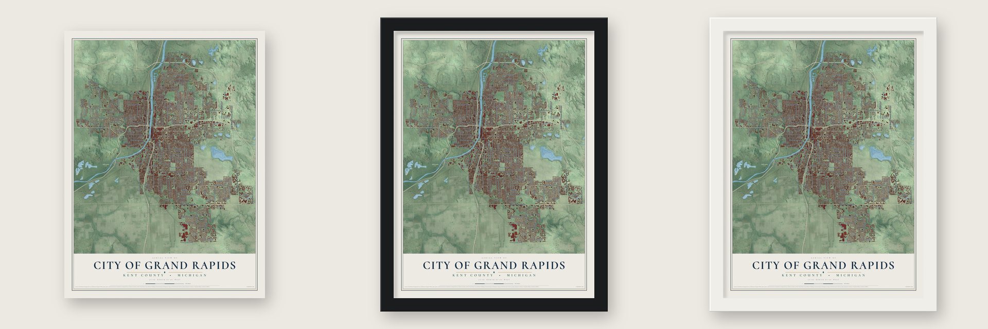 Grand Rapids, Michigan map unframed, in a black wood frame and in a white wood frame