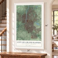 Grand Rapids, Michigan map, 24 x 36 inch print in a white frame by a staircase