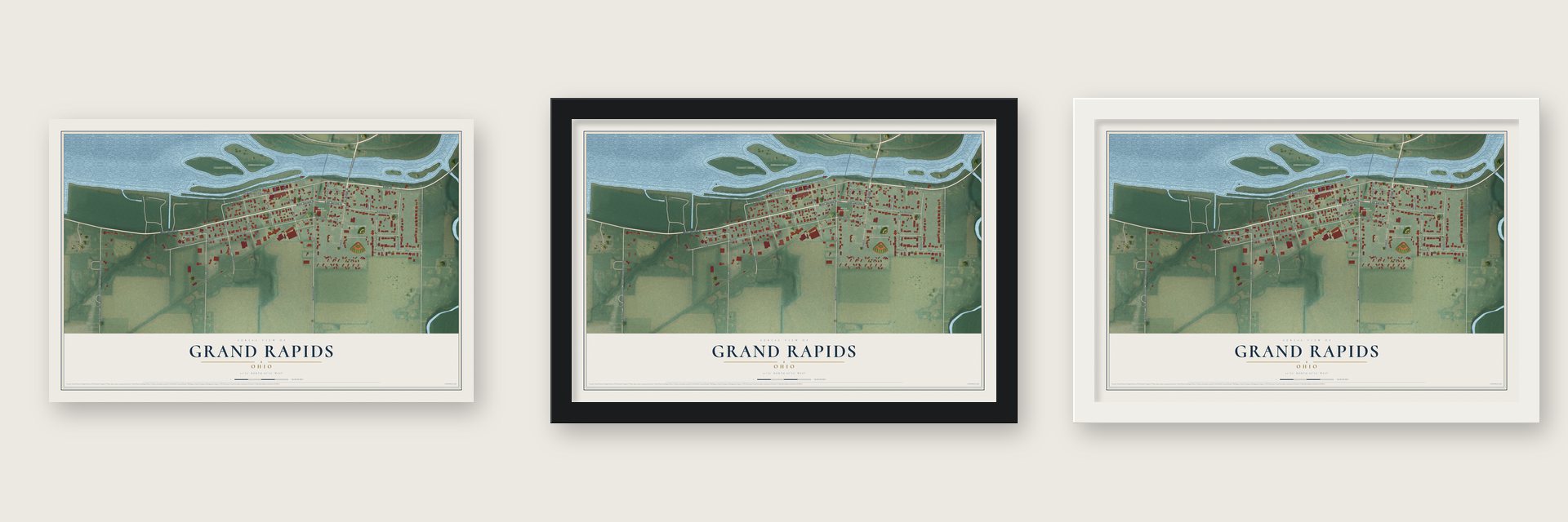 Grand Rapids, Ohio map unframed, in a black wood frame and in a white wood frame