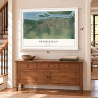 Grand Rapids, Ohio map, 24 x 36 inch print in a white frame above a dresser by a staircase