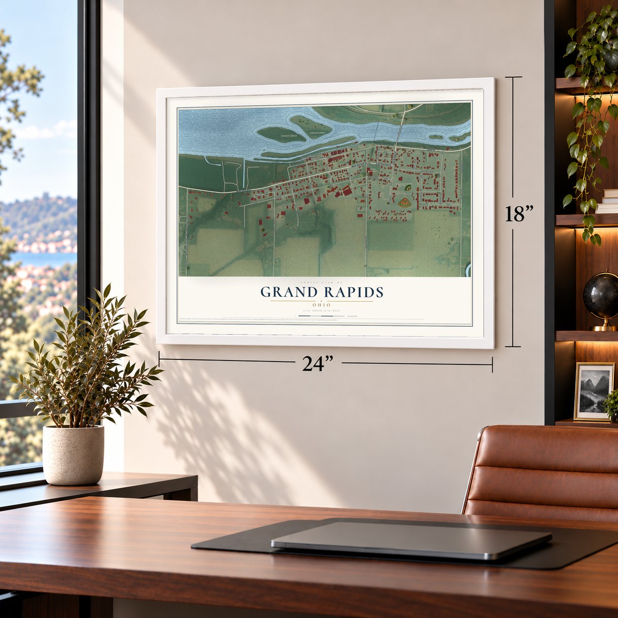 Grand Rapids, Ohio map, 18 x 24 inch print in a white frame in a home office