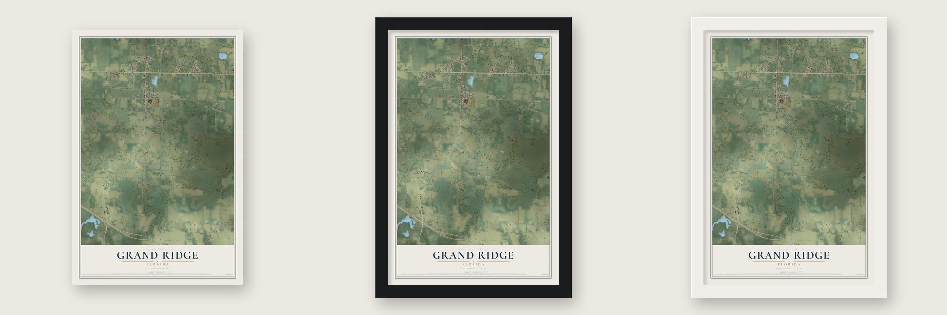 Grand Ridge, Florida map unframed, in a black wood frame and in a white wood frame