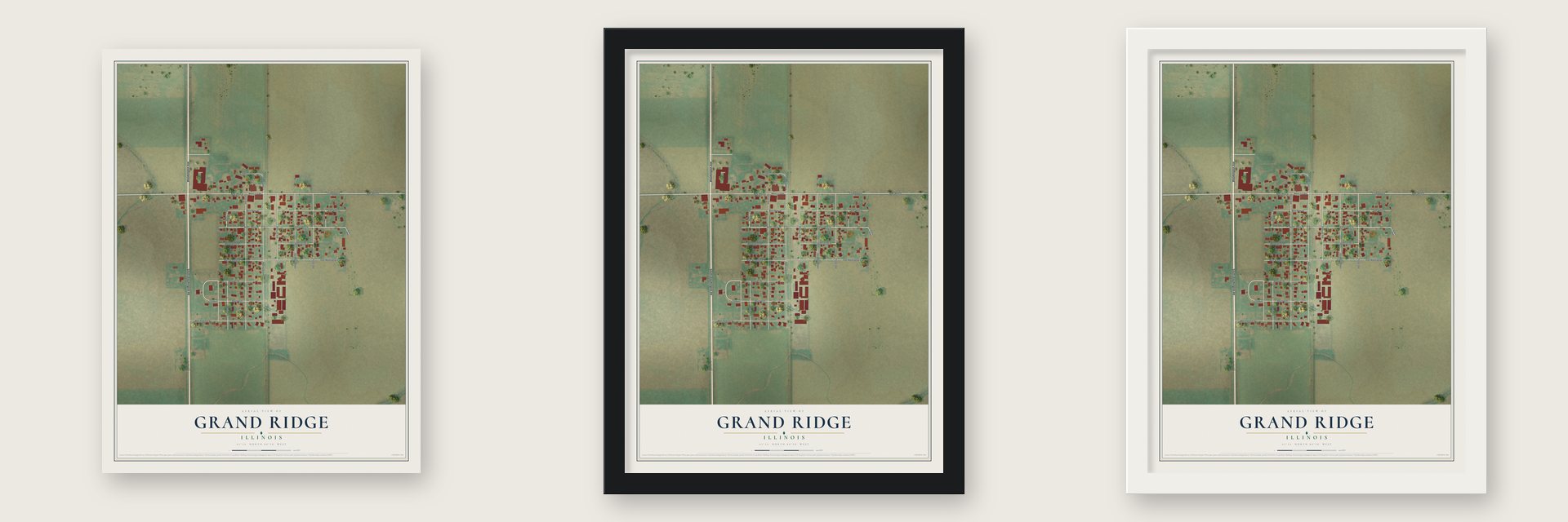 Grand Ridge, Illinois map unframed, in a black wood frame and in a white wood frame