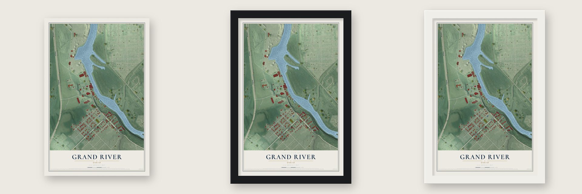 Grand River, Ohio map unframed, in a black wood frame and in a white wood frame