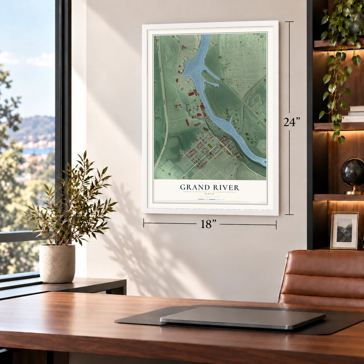 Grand River, Ohio map, 18 x 24 inch print in a white frame in a home office