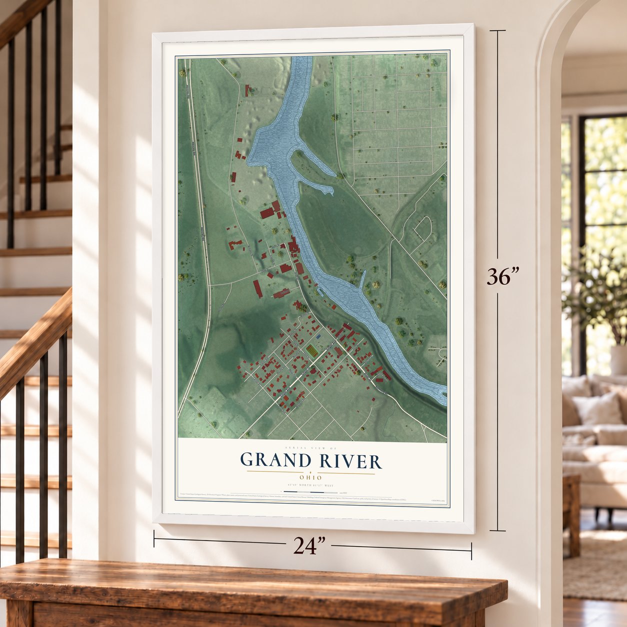 Grand River, Ohio map, 24 x 36 inch print in a white frame by a staircase