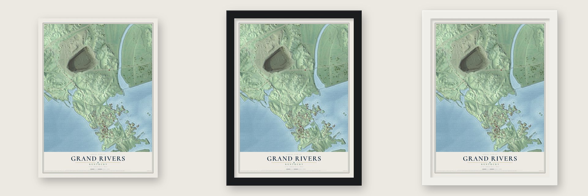 Grand Rivers, Kentucky map unframed, in a black wood frame and in a white wood frame