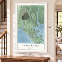 Grand Rivers, Kentucky map, 24 x 36 inch print in a white frame by a staircase