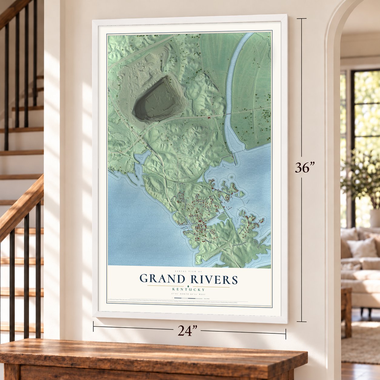 Grand Rivers, Kentucky map, 24 x 36 inch print in a white frame by a staircase