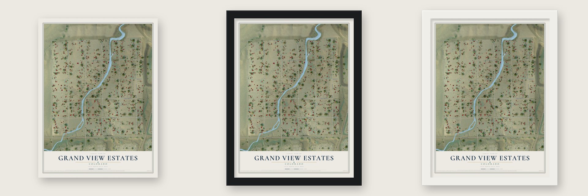 Grand View Estates, Colorado map unframed, in a black wood frame and in a white wood frame