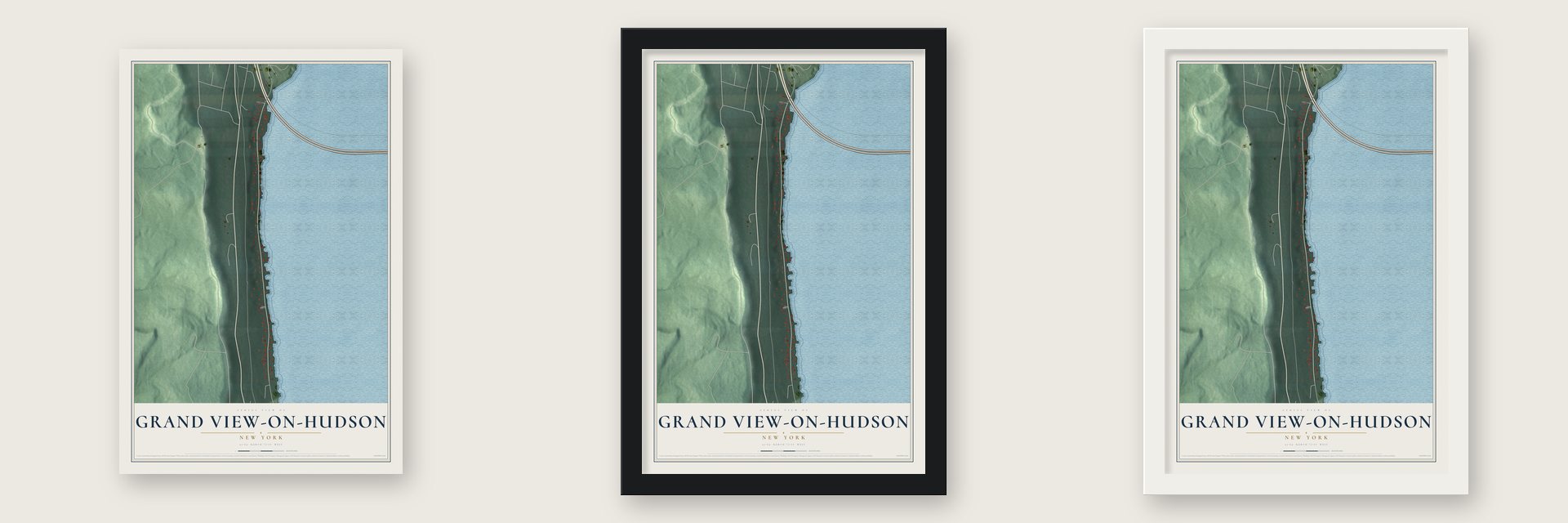 Grand View-on-Hudson, New York map unframed, in a black wood frame and in a white wood frame