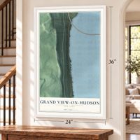 Grand View-on-Hudson, New York map, 24 x 36 inch print in a white frame by a staircase