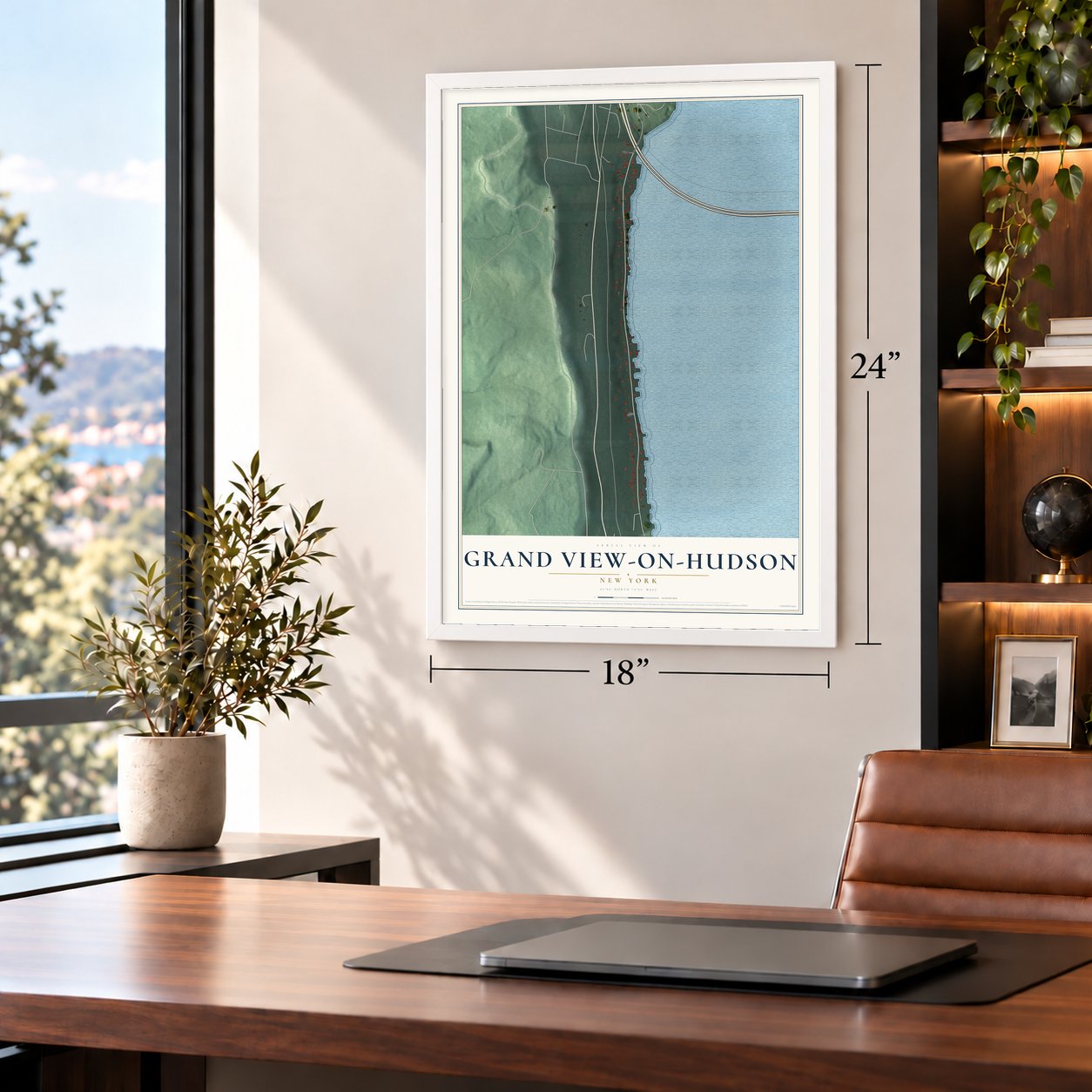 Grand View-on-Hudson, New York map, 18 x 24 inch print in a white frame in a home office