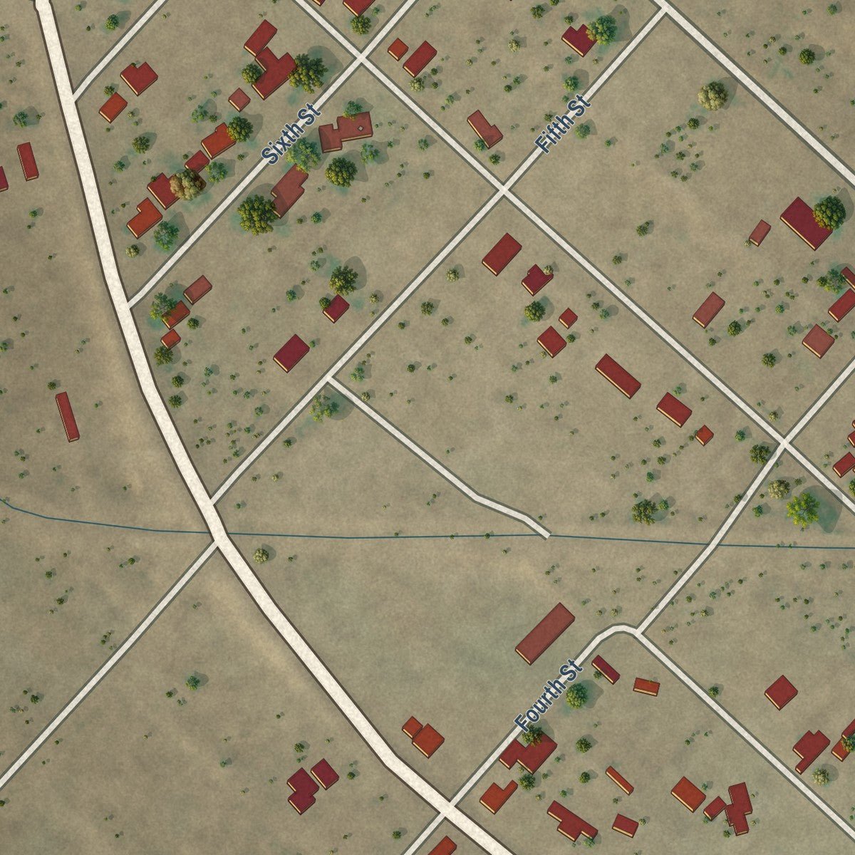 Second close-up of the map of Grandfalls, Texas print showing more streets and buildings