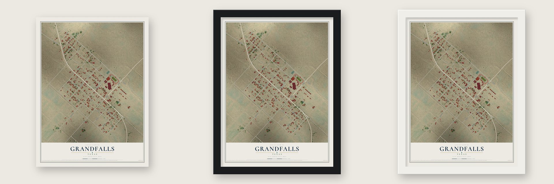 Grandfalls, Texas map unframed, in a black wood frame and in a white wood frame