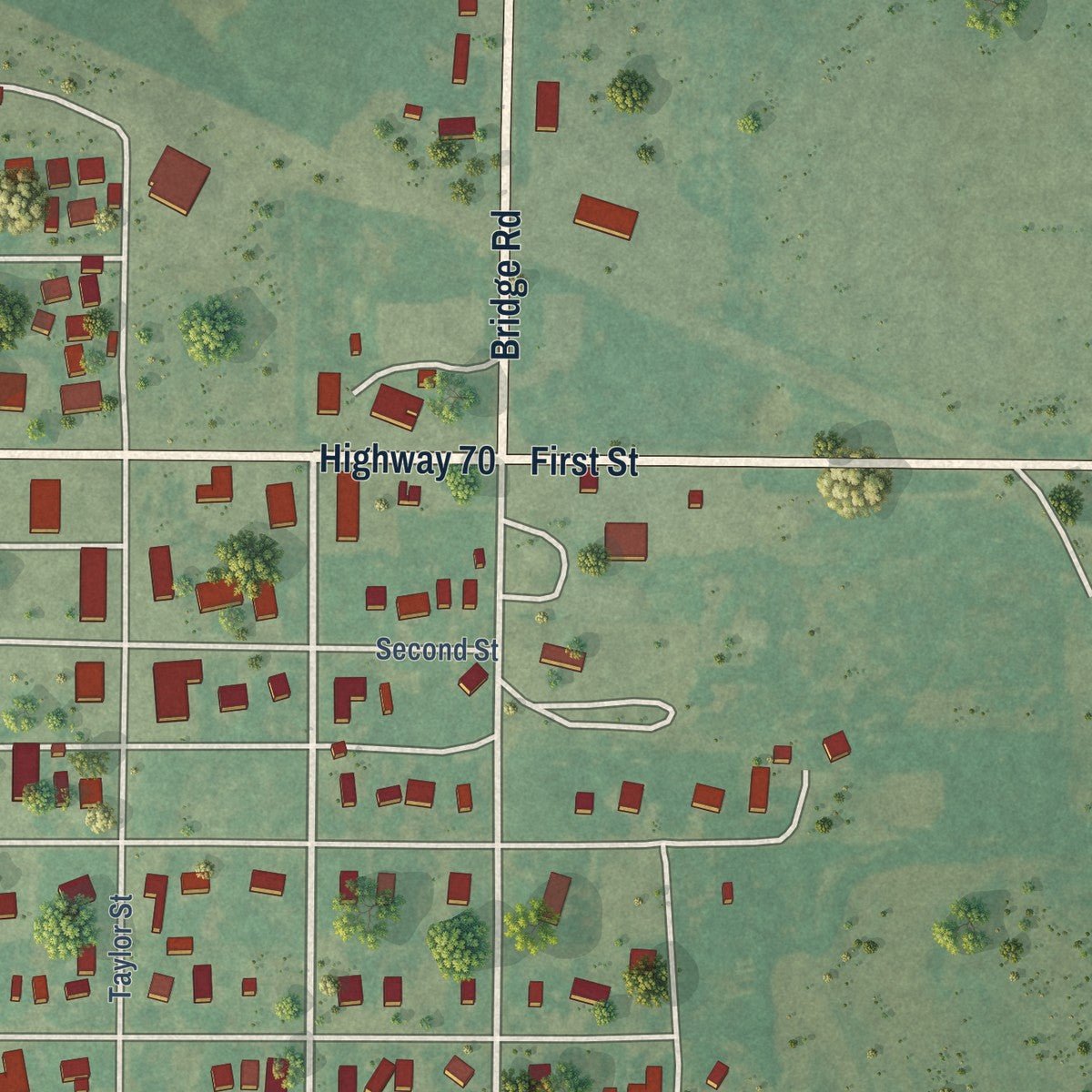 Second close-up of the map of Grandfield, Oklahoma print showing more streets and buildings