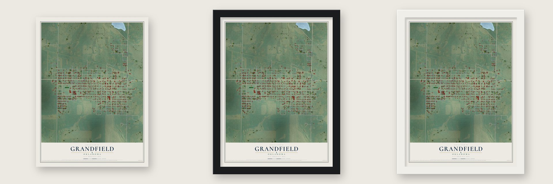 Grandfield, Oklahoma map unframed, in a black wood frame and in a white wood frame