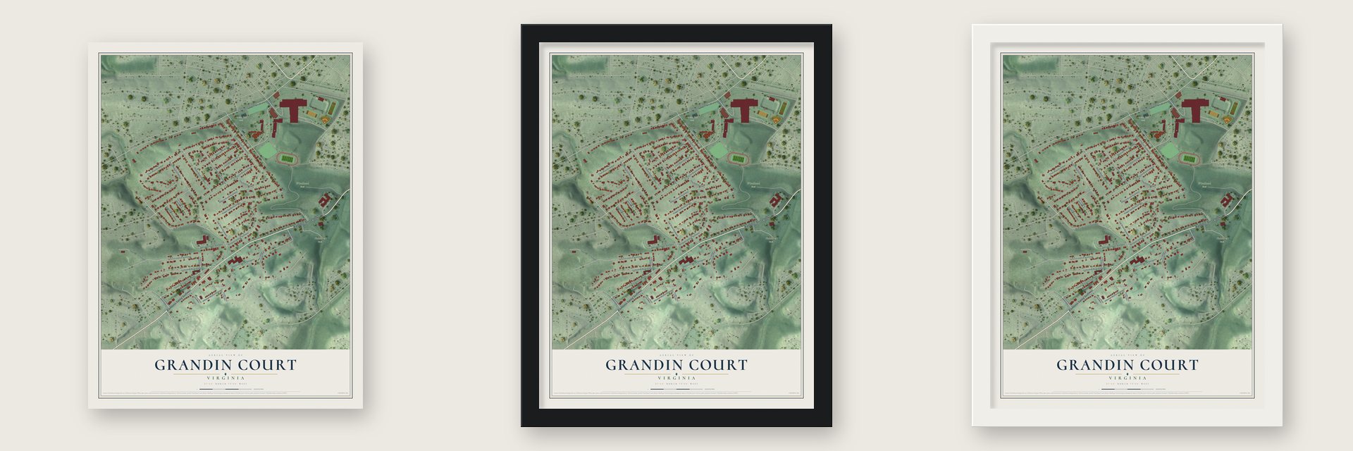 Grandin Court, Virginia map unframed, in a black wood frame and in a white wood frame