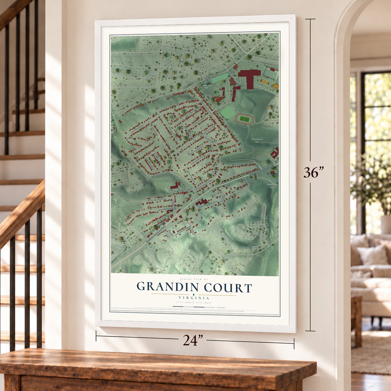 Grandin Court, Virginia map, 24 x 36 inch print in a white frame by a staircase