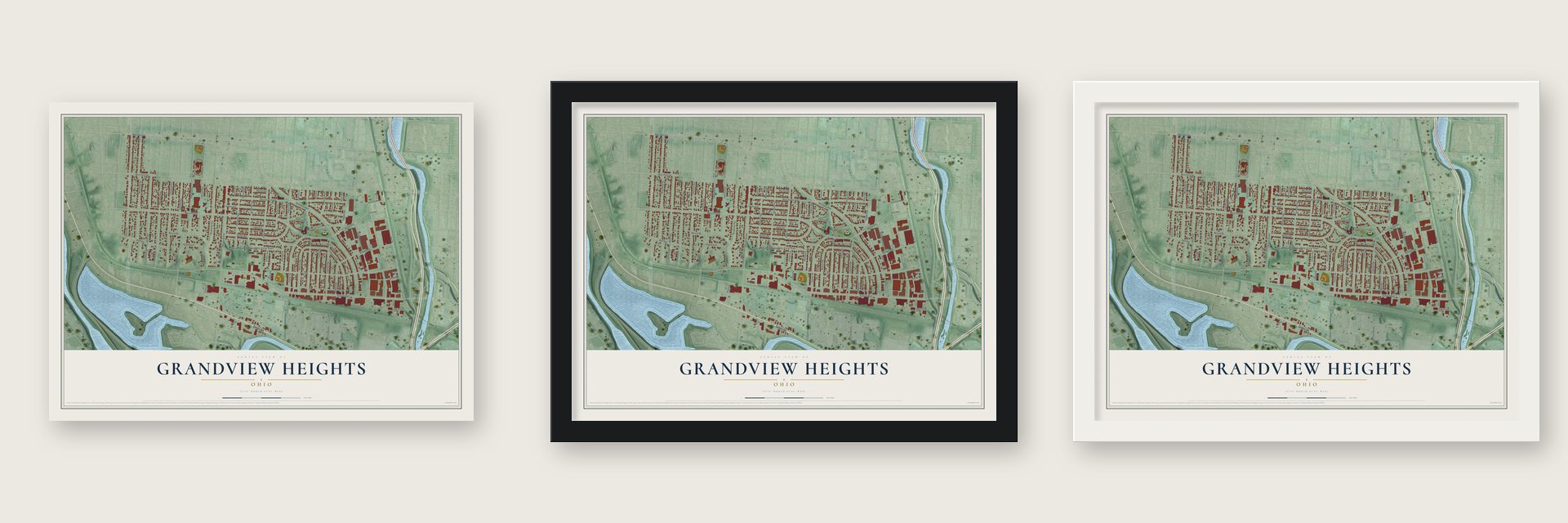 Grandview Heights, Ohio map unframed, in a black wood frame and in a white wood frame
